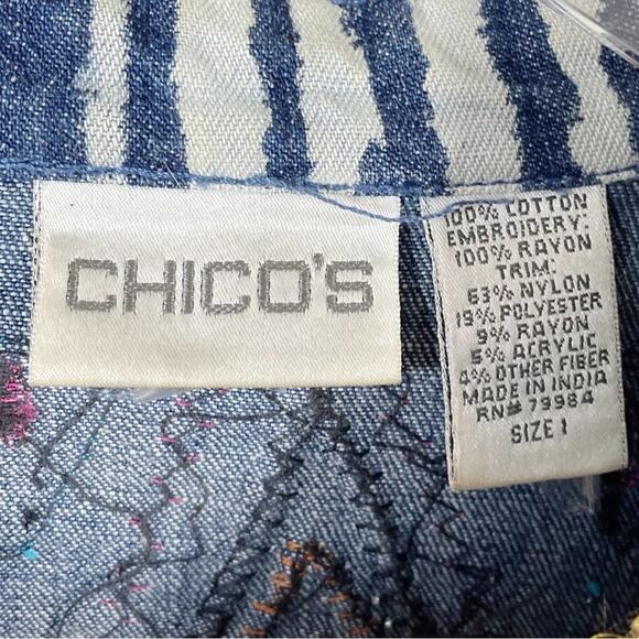 Vintage Chico’s Scrap Art Denim Jacket Multicolor Embroidery Medium (Size 1) - Picture 2 of 12